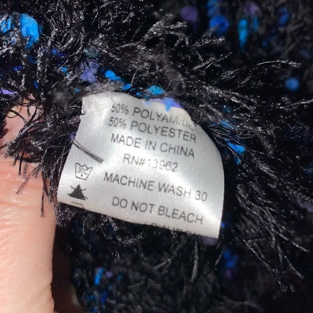 shag scarf black w/multicolor blue & purple accents one size